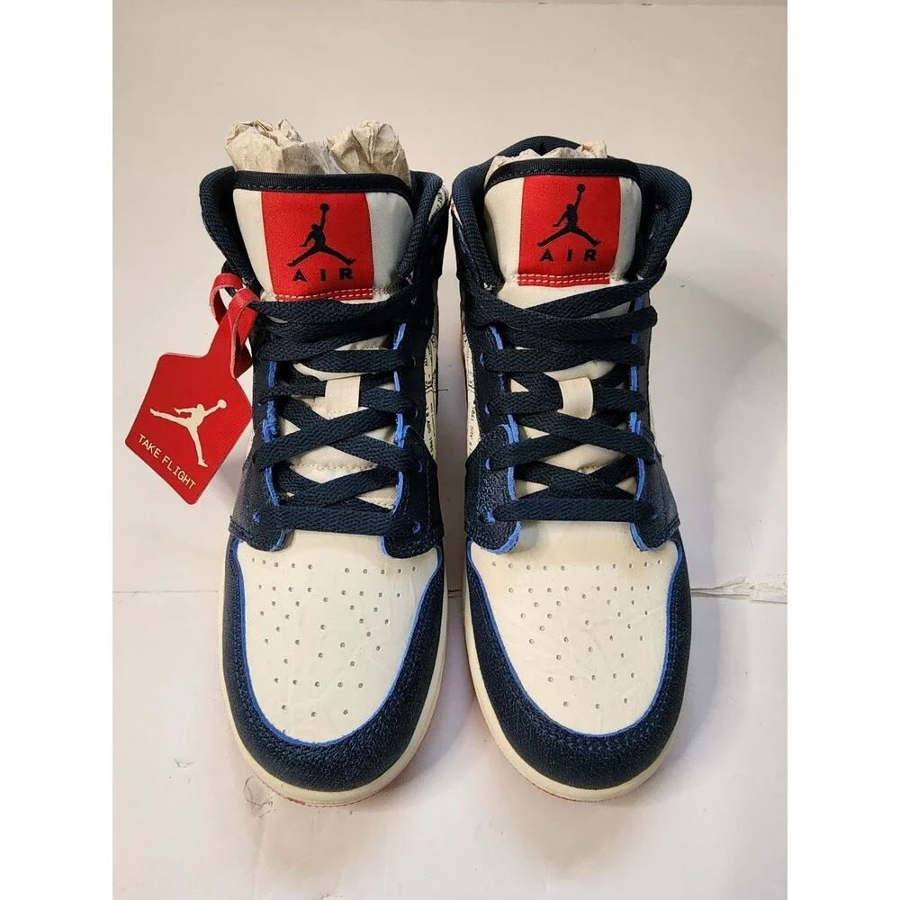 Nike Air Jordan 1 Mid SE (GS) Take Flight Sneakers Youth 6.5 Navy Gold Ivory Red